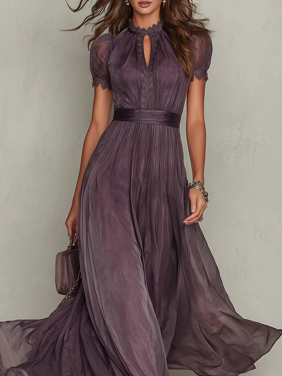 Flavia | Vestido largo de chiffon con encaje y escote lágrima