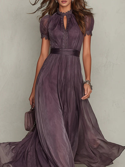 Flavia | Vestido largo de chiffon con encaje y escote lágrima