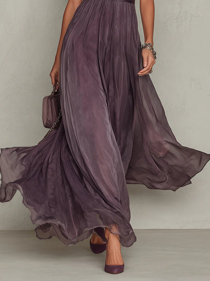 Flavia | Vestido largo de chiffon con encaje y escote lágrima