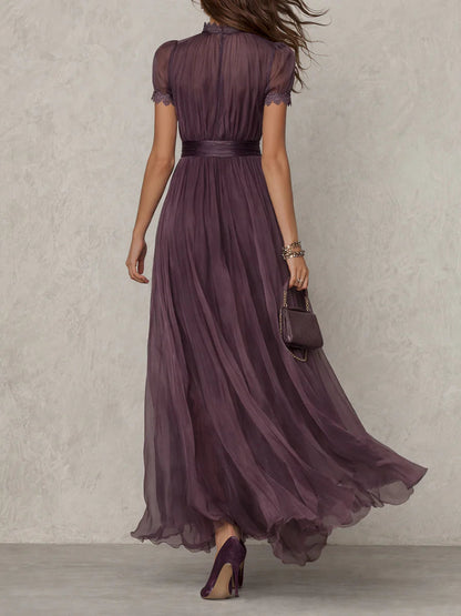 Flavia | Vestido largo de chiffon con encaje y escote lágrima