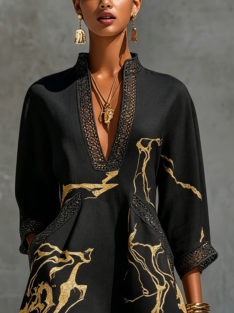 Donatella | Minivestido con estampado de mármol dorado y encaje de ganchillo