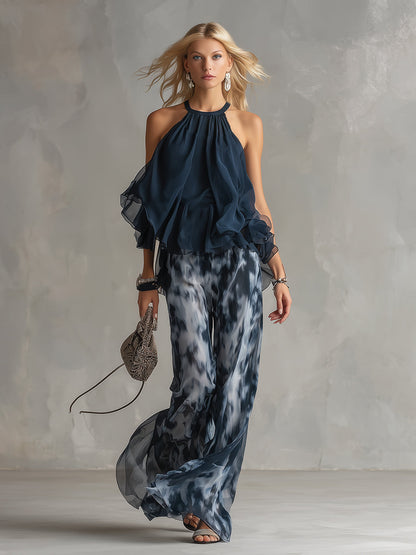 Lilla - Conjunto elegante con top de cuello alto y pantalón fluido estampado