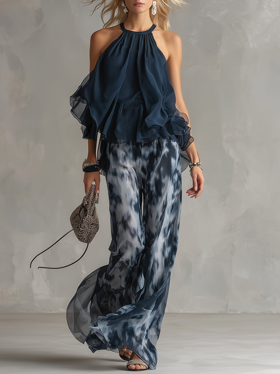 Lilla - Conjunto elegante con top de cuello alto y pantalón fluido estampado