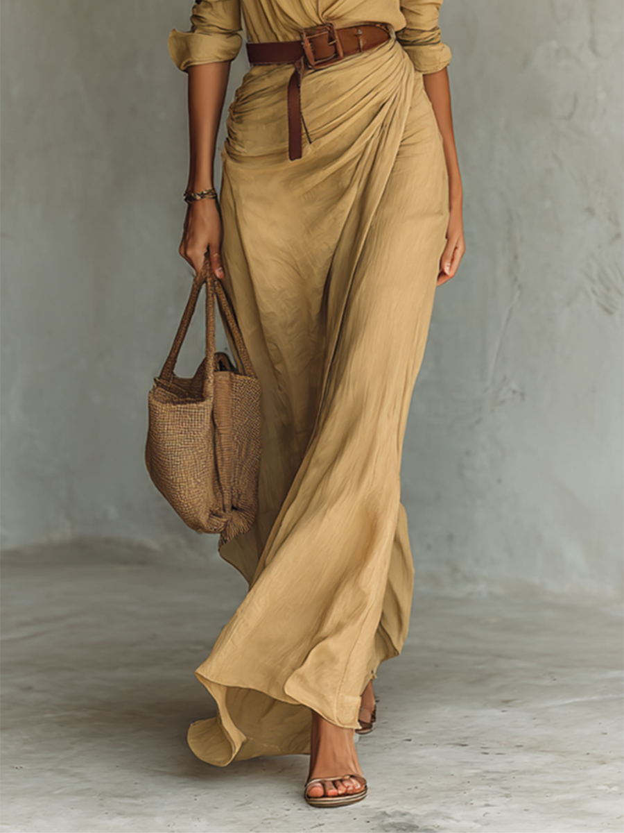 Vestido largo camisero con cuello solapa y cinturón