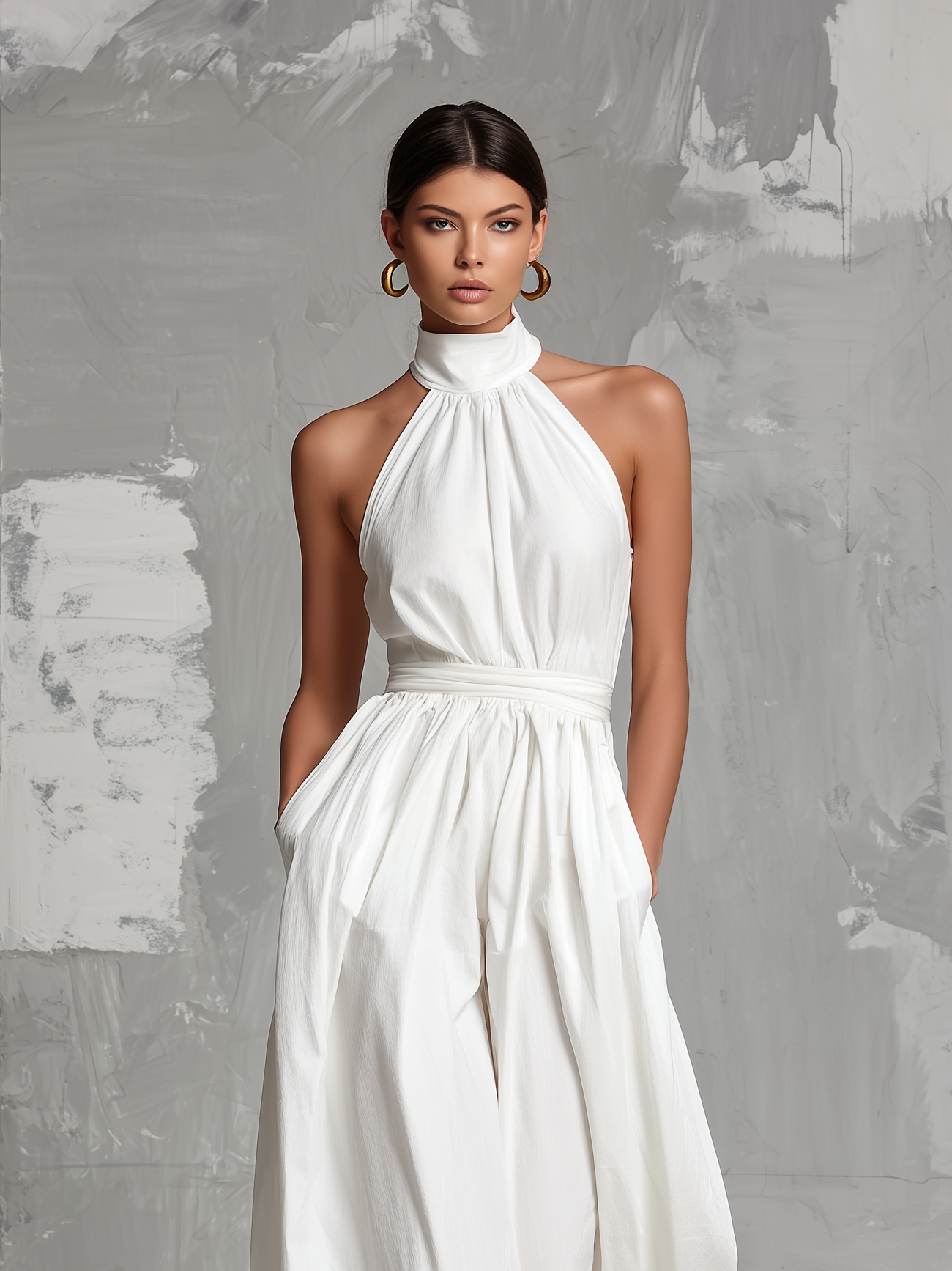 Mono blanco elegante sin mangas con cuello halter