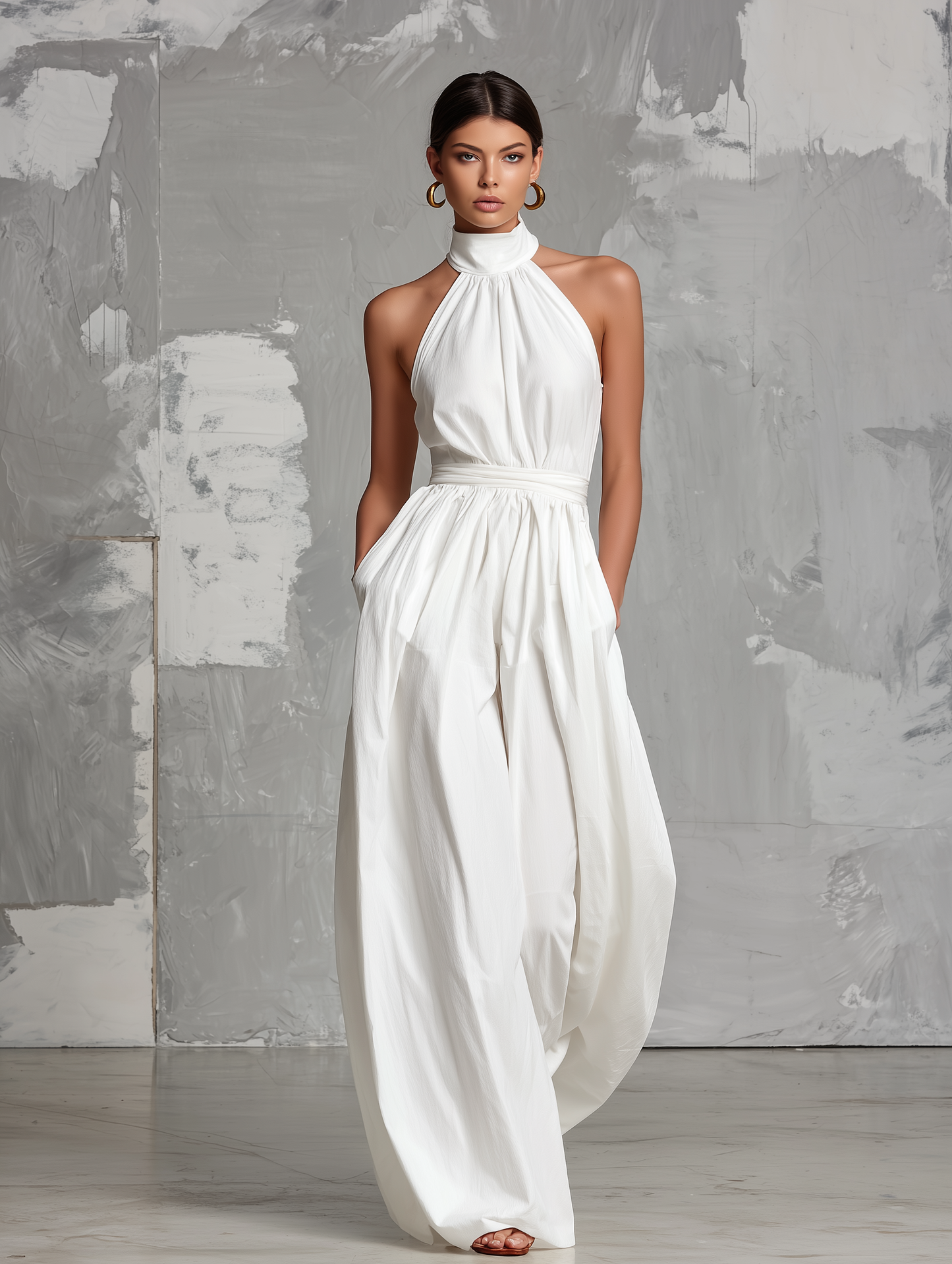 Mono blanco elegante sin mangas con cuello halter