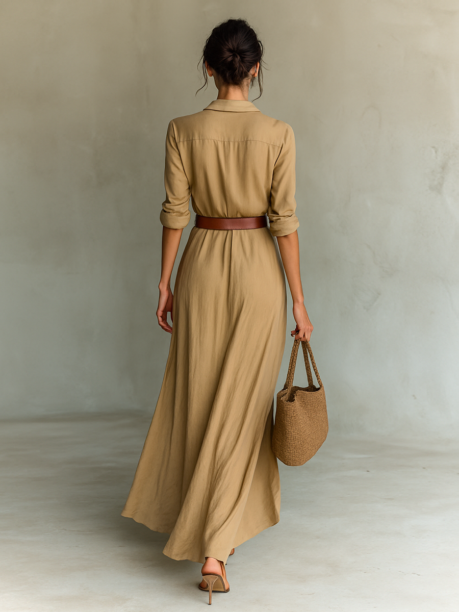 Vestido largo camisero con cuello solapa y cinturón