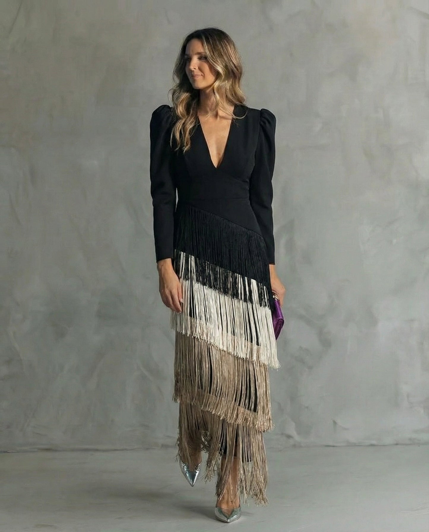 Alessia | Vestido midi elegante con mangas de flecos