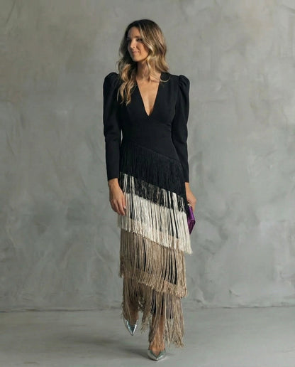 Alessia | Vestido midi elegante con mangas de flecos