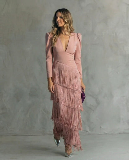 Alessia | Vestido midi elegante con mangas de flecos