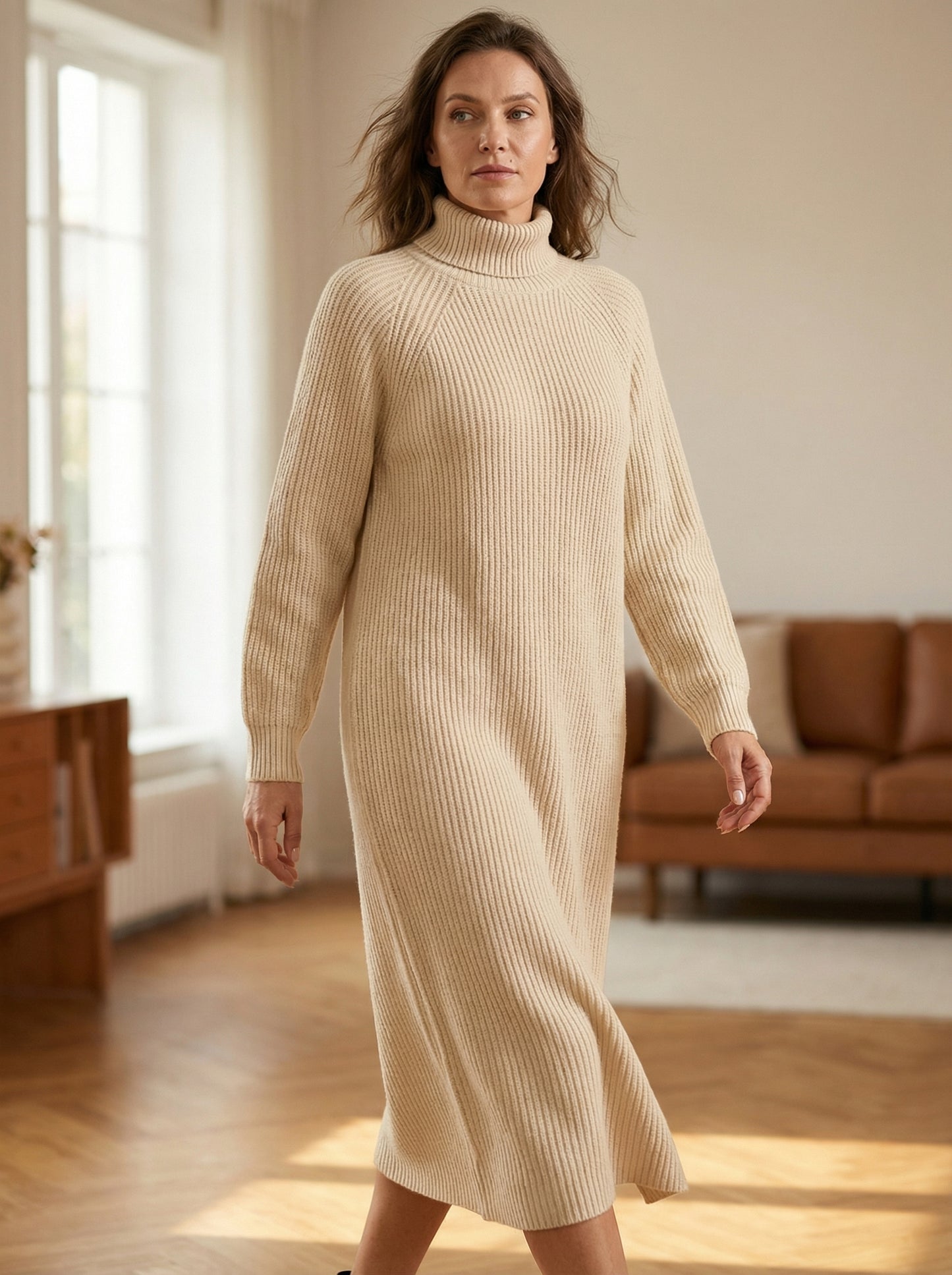 Helena - Vestido largo de invierno de punto acanalado con cuello alto