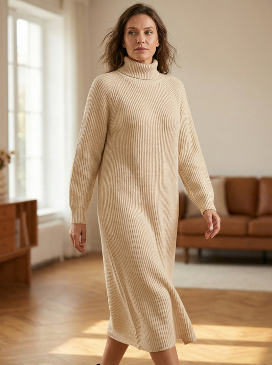 Helena - Vestido largo de invierno de punto acanalado con cuello alto