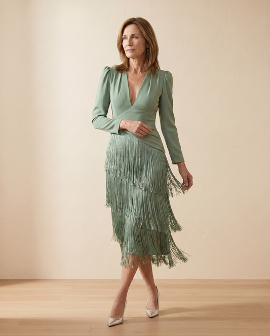 Clara - Vestido midi elegante con mangas de flecos