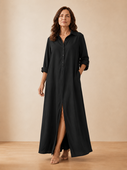 Soline™ | Vestido largo negro holgado con botones