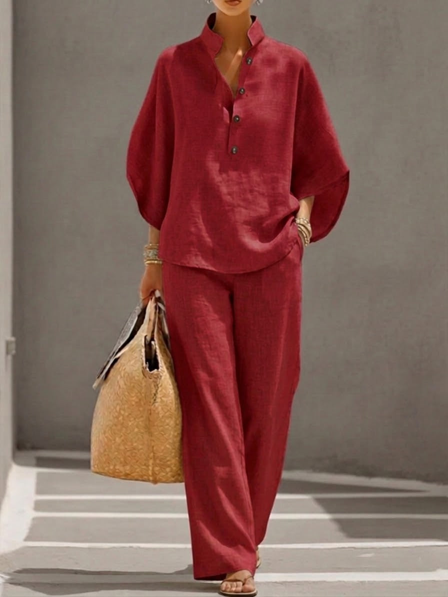 Eszter™ - Conjunto de algodón con mangas murciélago y pantalón de pierna ancha