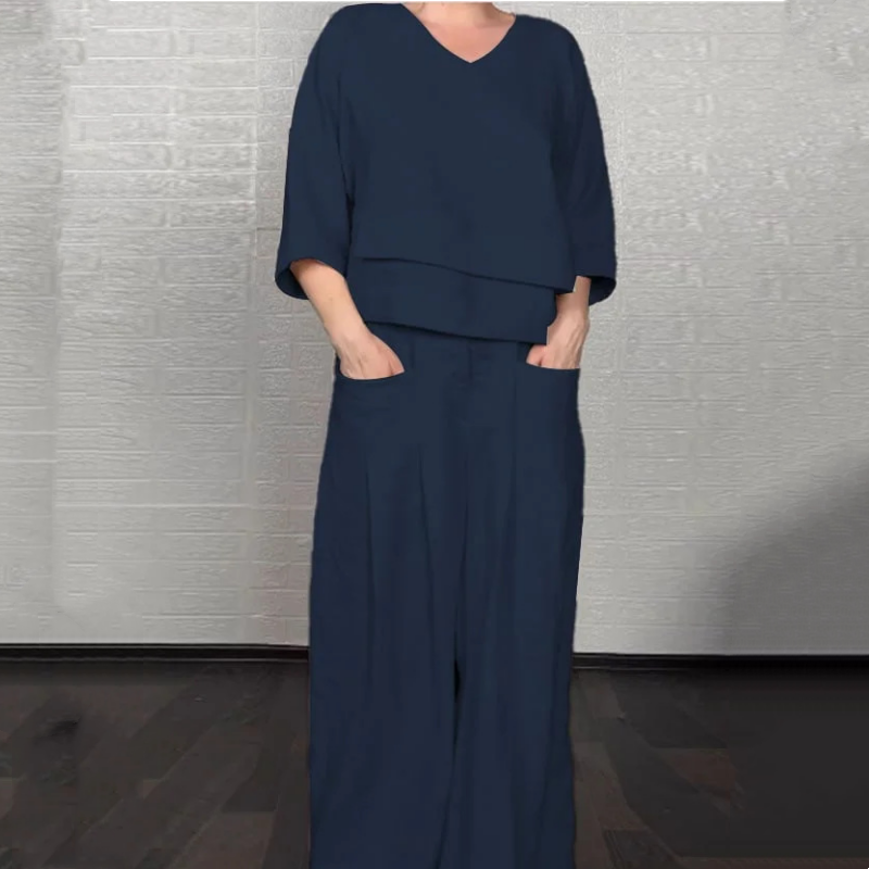 Liza - Conjunto de algodón de 2 piezas con escote en V y pantalón de pierna ancha