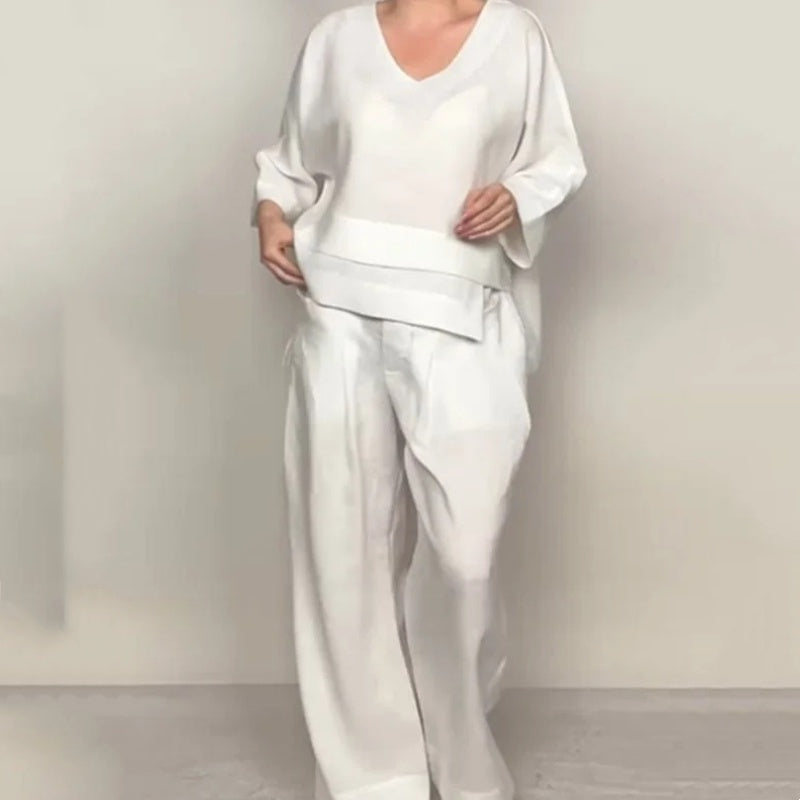 Liza - Conjunto de algodón de 2 piezas con escote en V y pantalón de pierna ancha