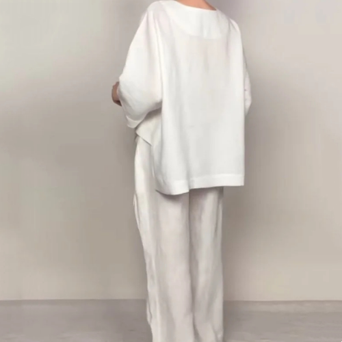 Liza - Conjunto de algodón de 2 piezas con escote en V y pantalón de pierna ancha