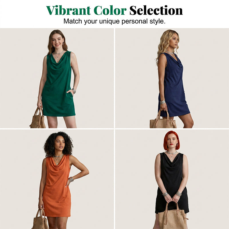 Vera - Vestido midi cuello drapeado sin mangas con bolsillos