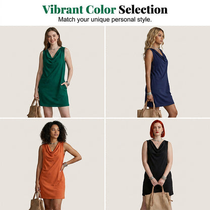 Vera - Vestido midi cuello drapeado sin mangas con bolsillos