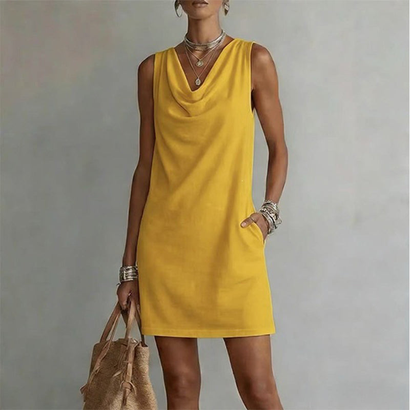 Vera - Vestido midi cuello drapeado sin mangas con bolsillos