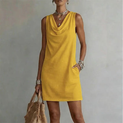 Vera - Vestido midi cuello drapeado sin mangas con bolsillos