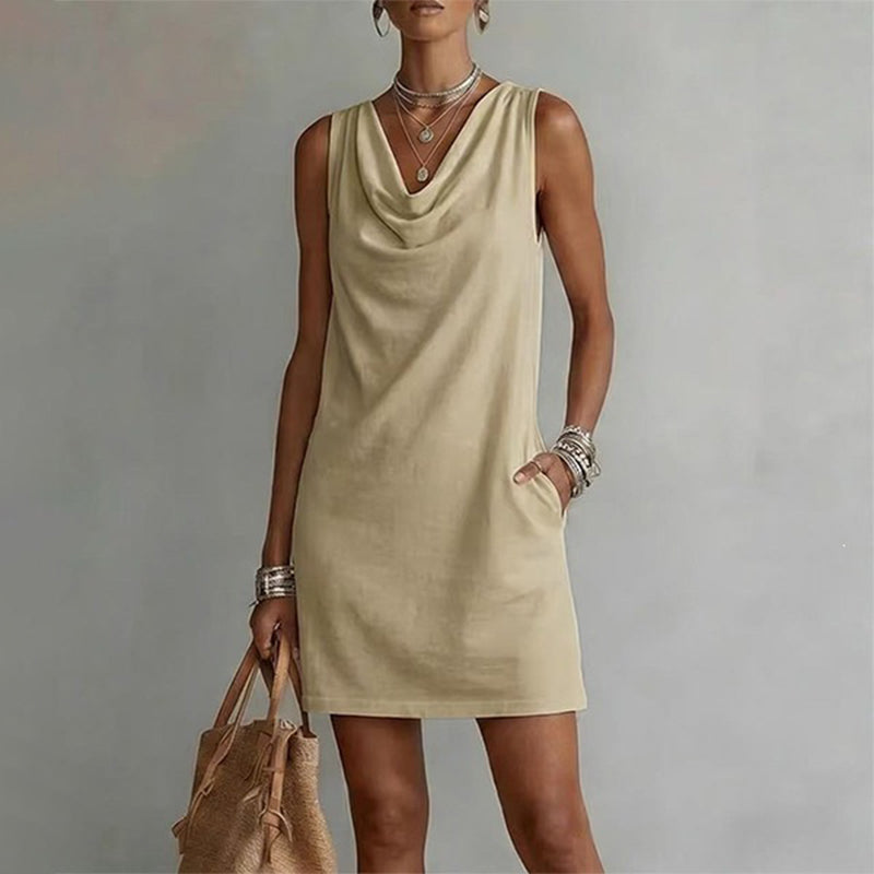 Vera - Vestido midi cuello drapeado sin mangas con bolsillos