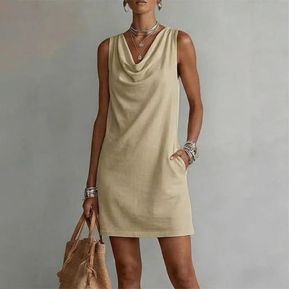 Vera - Vestido midi cuello drapeado sin mangas con bolsillos