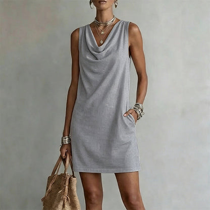 Vera - Vestido midi cuello drapeado sin mangas con bolsillos