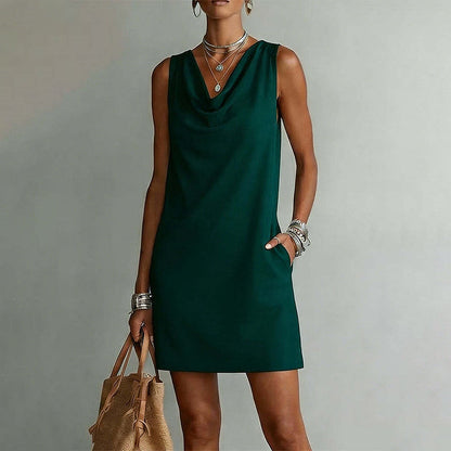 Vera - Vestido midi cuello drapeado sin mangas con bolsillos