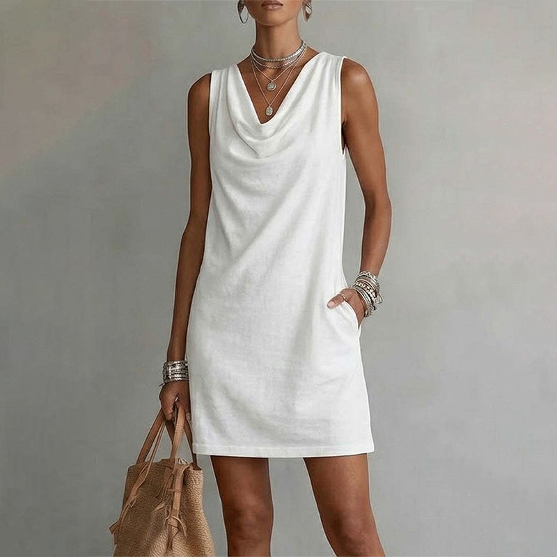 Vera - Vestido midi cuello drapeado sin mangas con bolsillos