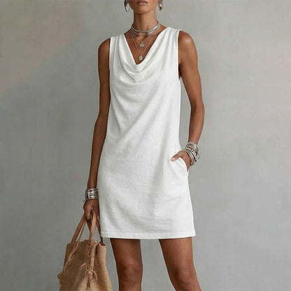 Vera - Vestido midi cuello drapeado sin mangas con bolsillos