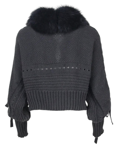 Yasi - Cardigan de lana con cuello de piel auténtica negro