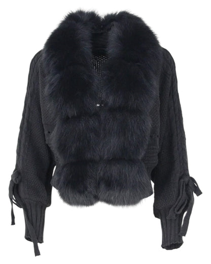 Yasi - Cardigan de lana con cuello de piel auténtica negro