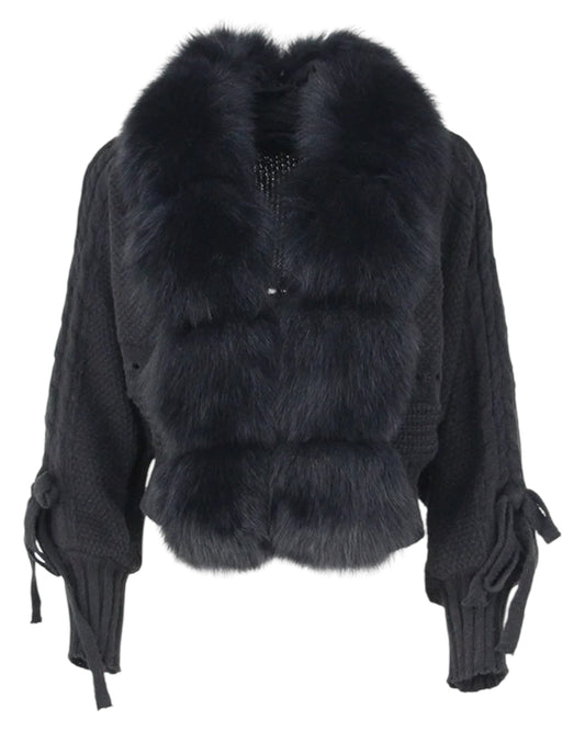 Yasi - Cardigan de lana con cuello de piel auténtica negro